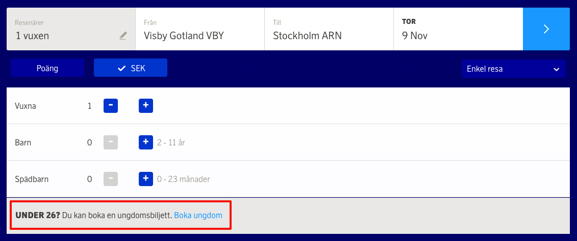 Röda rutan visar vart du hittar ungdomsbiljetter till SAS